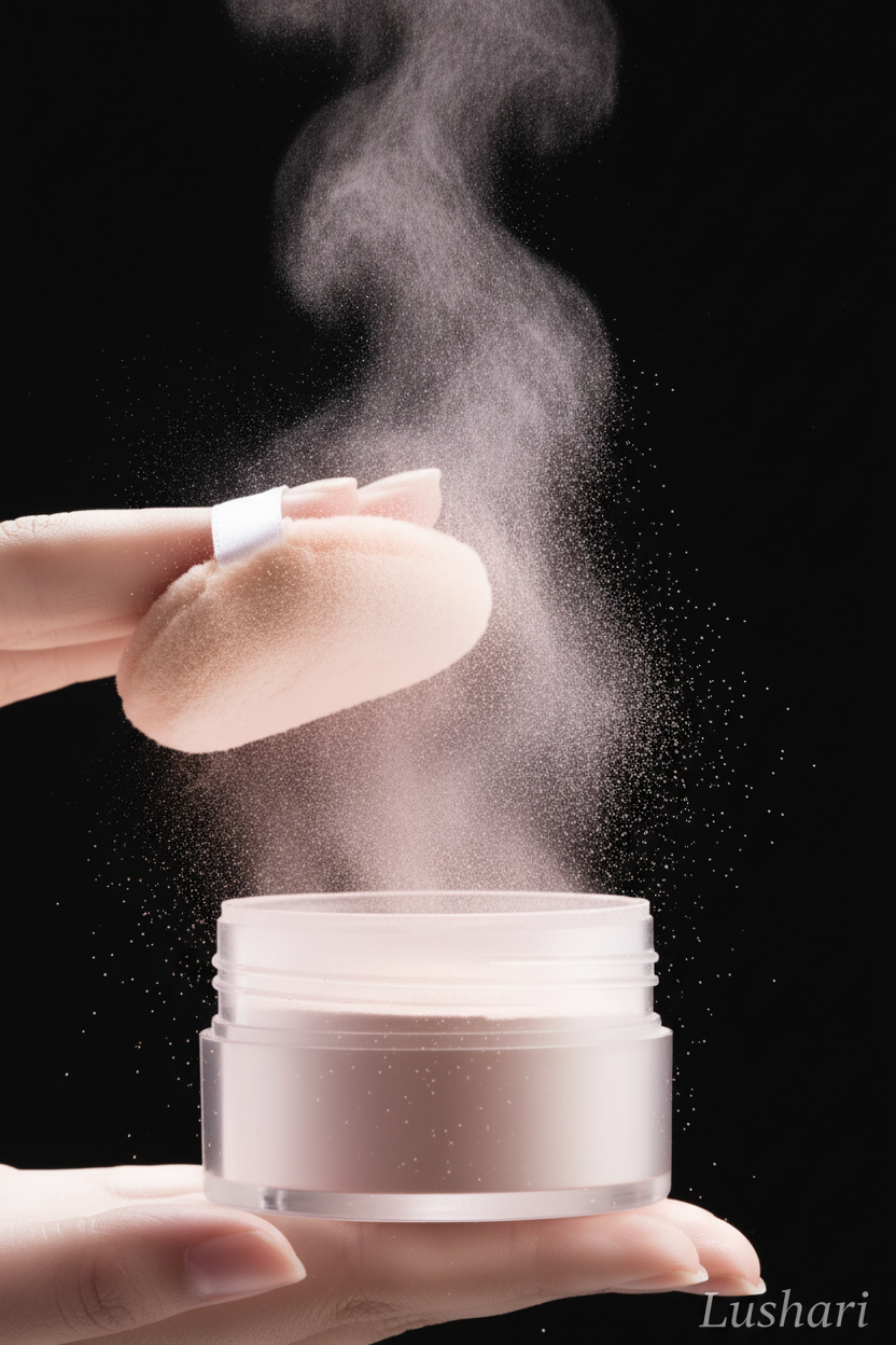 Lushari Loose Setting Powder dramatic close-up with powder burst