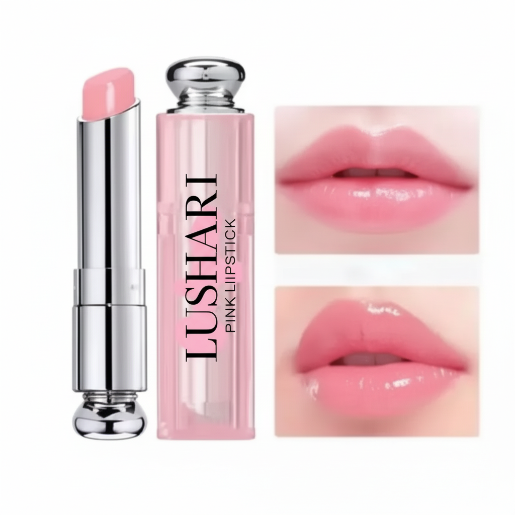 Lushari Pink Lipstick with a rosy-pink shade shown on lips