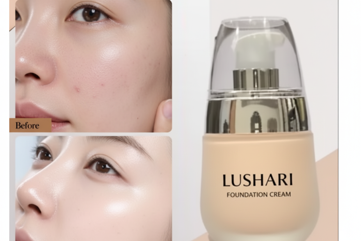 Lushari Foundation Cream showing bare skin and natural makeup coverage