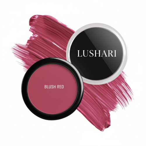 Lushari Blush Red compact with a rosy-red powder shade and swatch