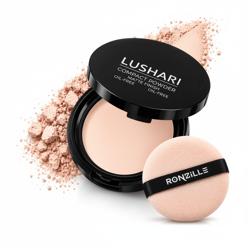 Lushari Compact Powder with pressed powder, puff, and open compact