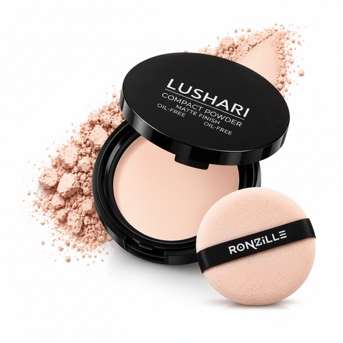 Lushari Compact Powder with pressed powder, puff, and open compact
