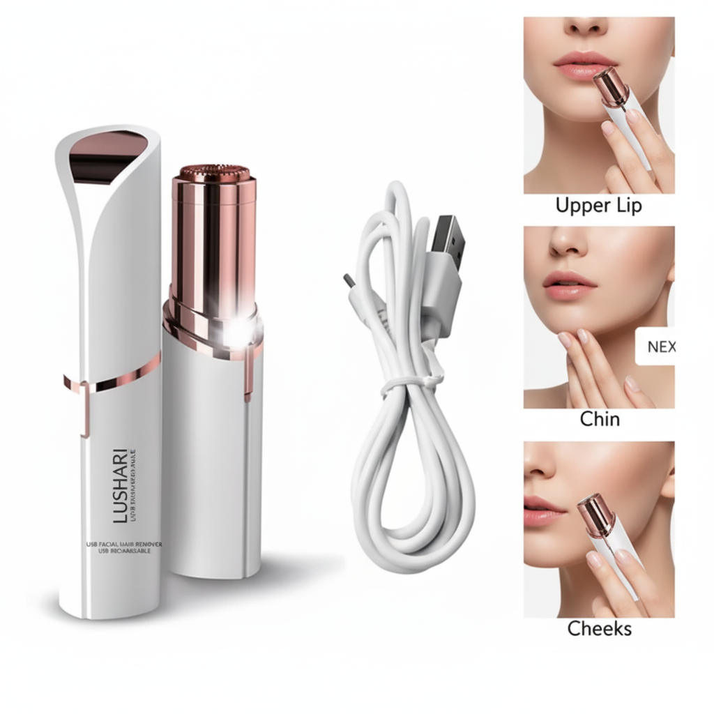 Lushari USB Facial Hair Remover with charging cable shown for upper lip, chin, and cheek touch-ups