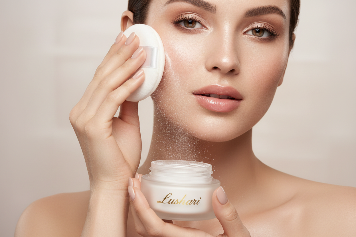 Woman applying Lushari Loose Setting Powder