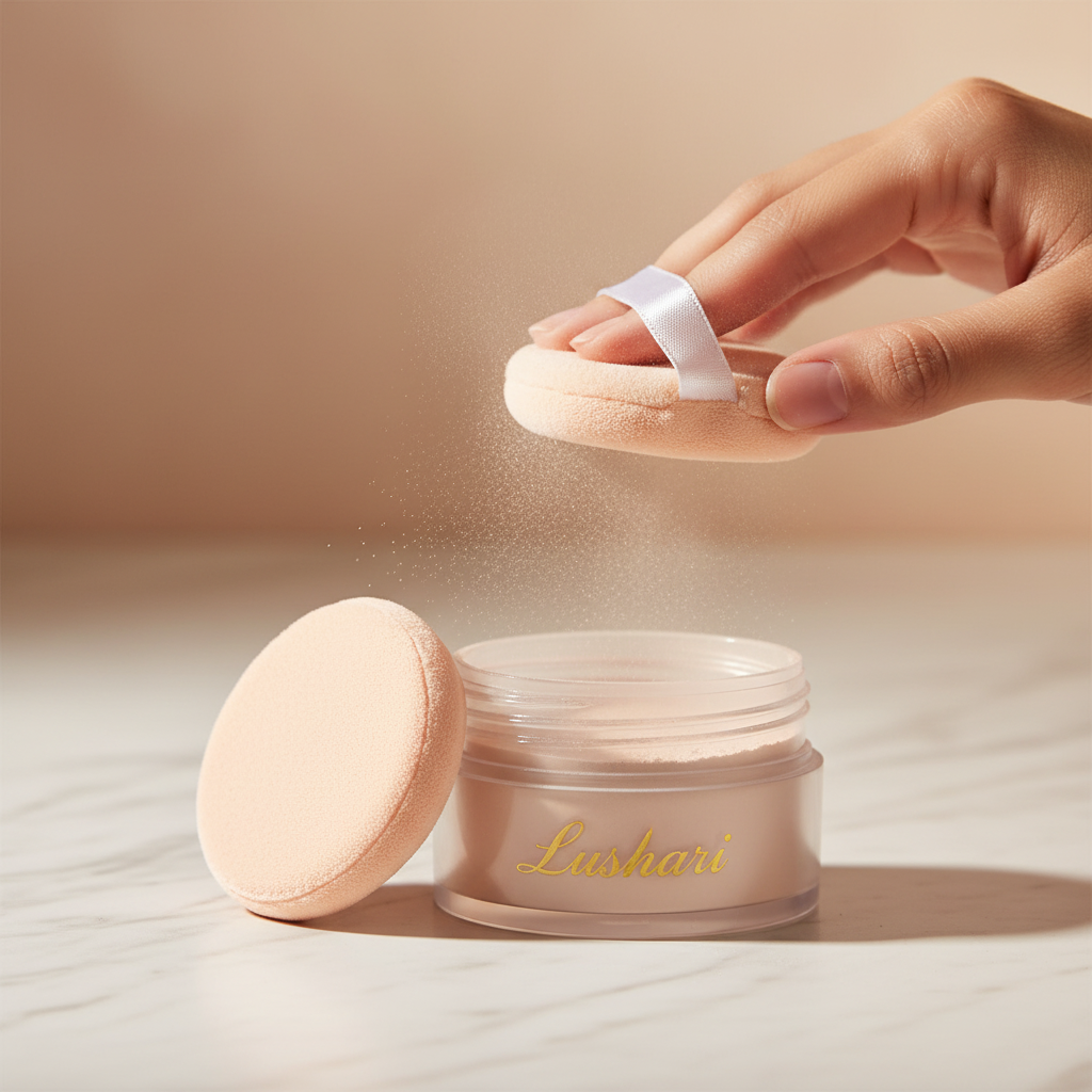Lushari Loose Setting Powder flat lay on marble surface