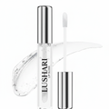 Lushari Lip Gloss tube with applicator and clear glossy swatch