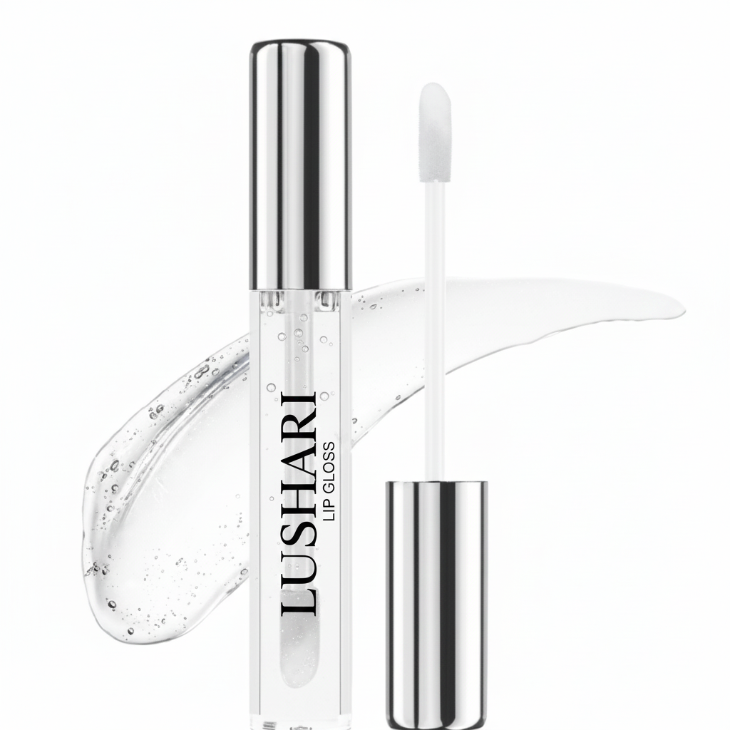 Lushari Lip Gloss tube with applicator and clear glossy swatch