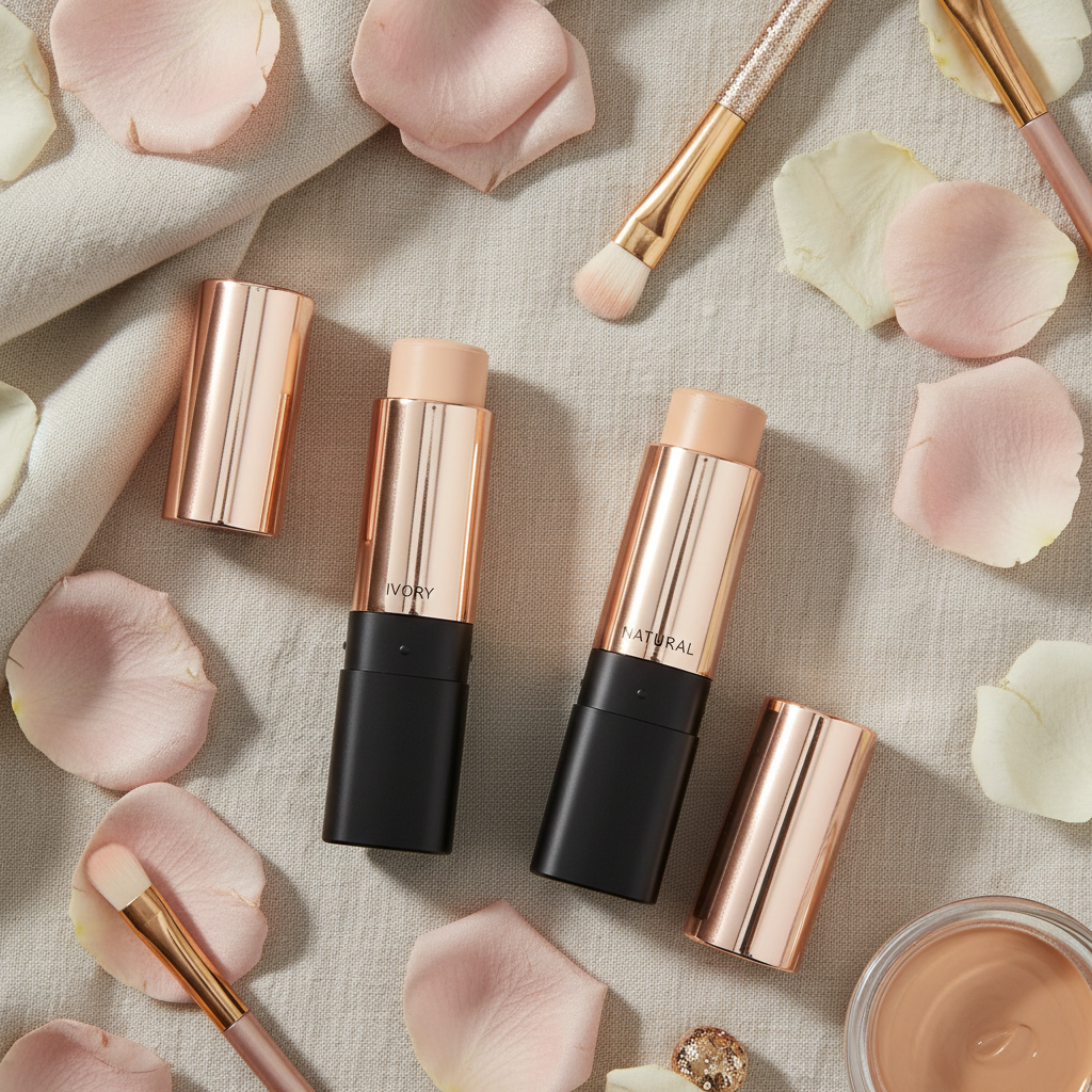 Lushari HD Stick Foundation flat lay with rose petals